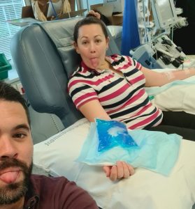 Chloe and her support person donating blood stem cells by PBSC
